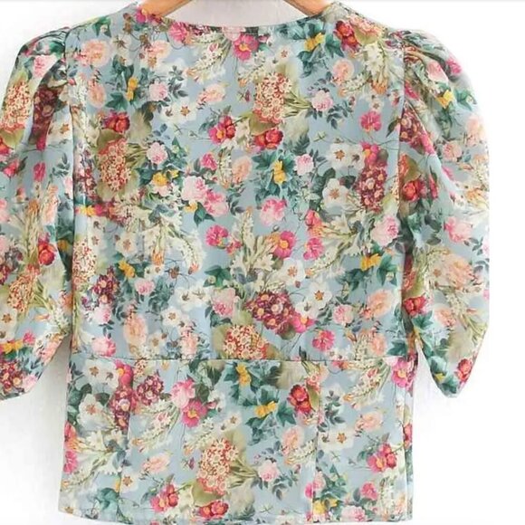 ZARA Printed Floral Short Puff Sleeve Satin Crop Blouse Women’s Size S NWT. - Picture 5 of 6